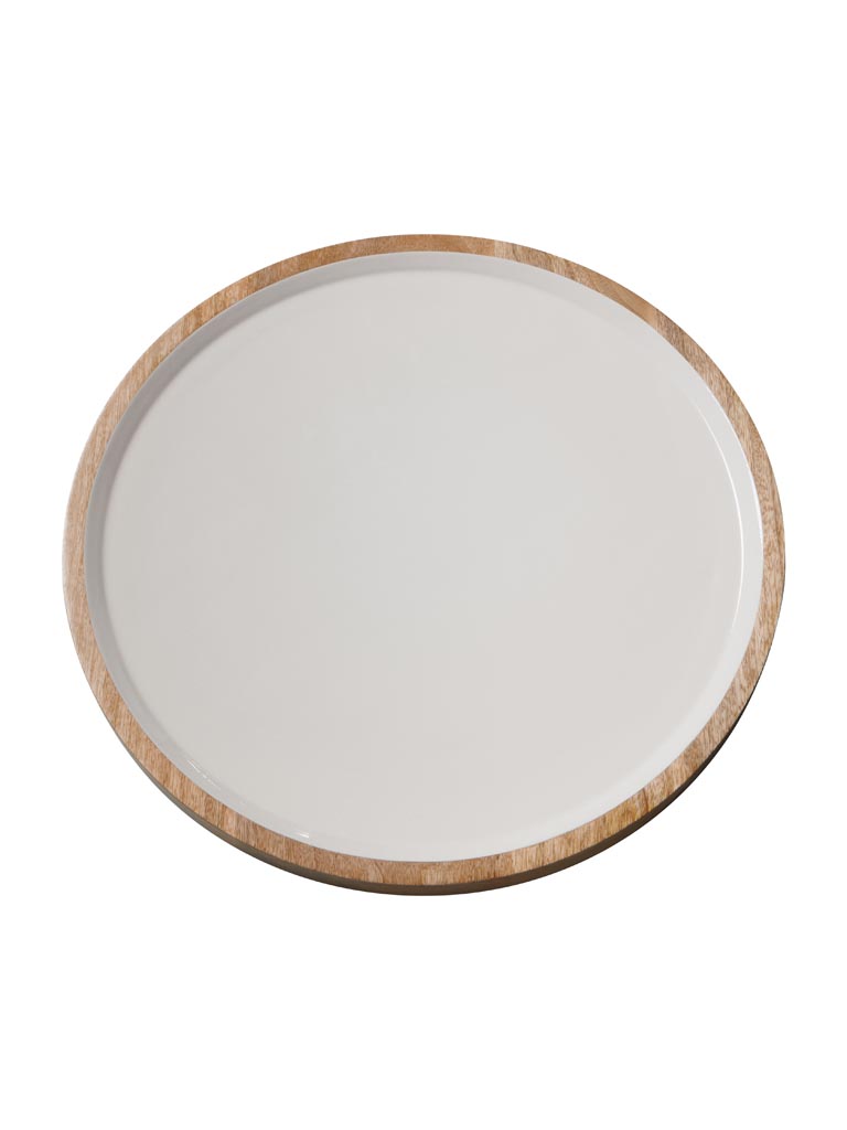 Plat rond en émail blanc et bois - 2