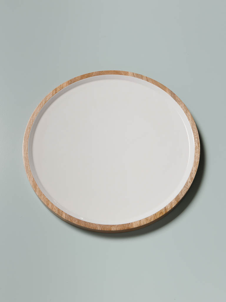 Plat rond en émail blanc et bois - 1