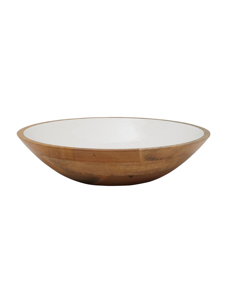Round salad bowl lacquered white & wood - 2