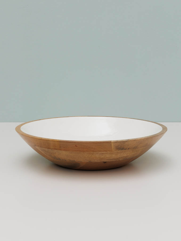 Round salad bowl lacquered white & wood - 1