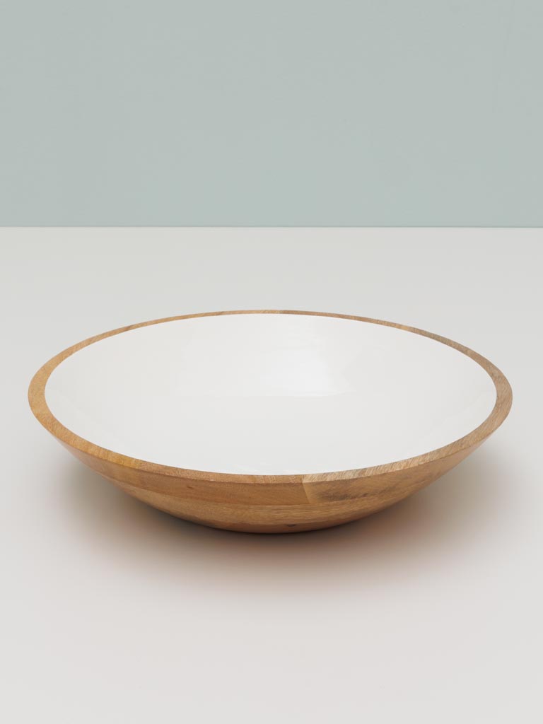 Round salad bowl lacquered white & wood - 3