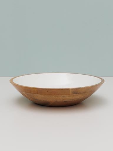 Round salad bowl lacquered white & wood