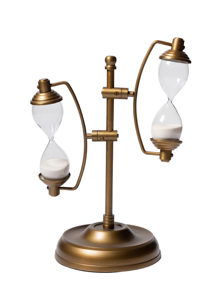Double sandtimer on brass patina stand - 2