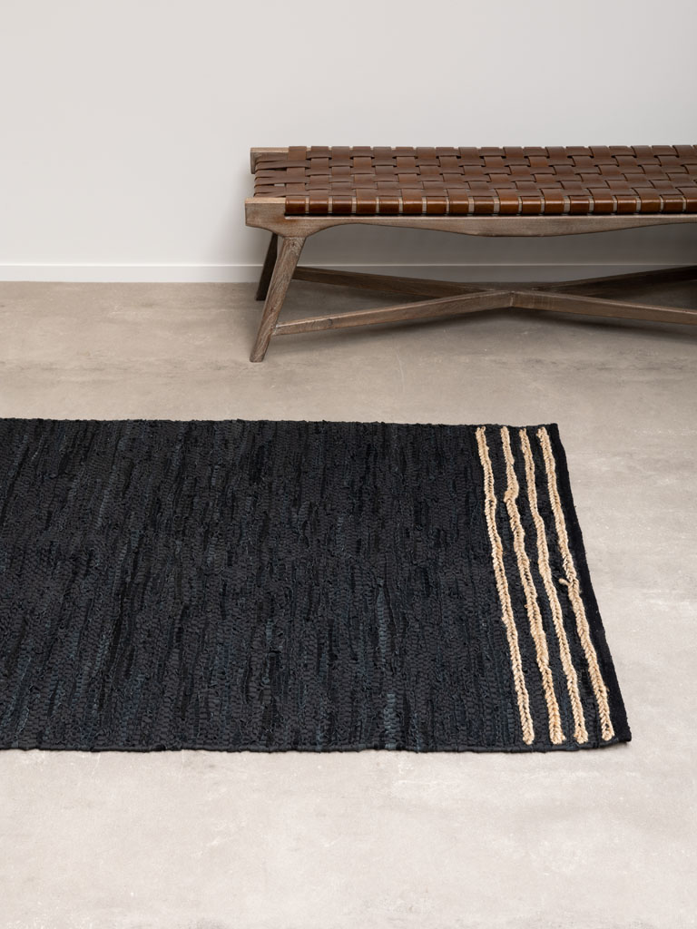 Leather and hemp black rug with beige stripes - 1
