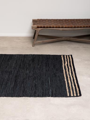 Leather and hemp black rug with beige stripes