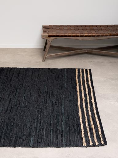 Large leather and hemp black rug beige stripes