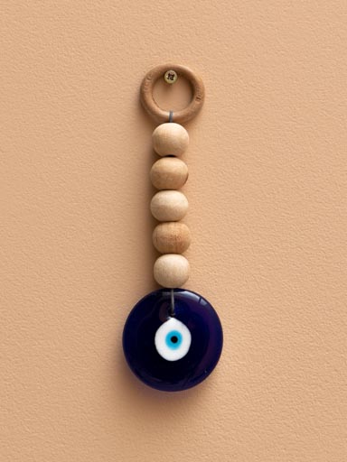 Key ring wooden beads and glass mataki