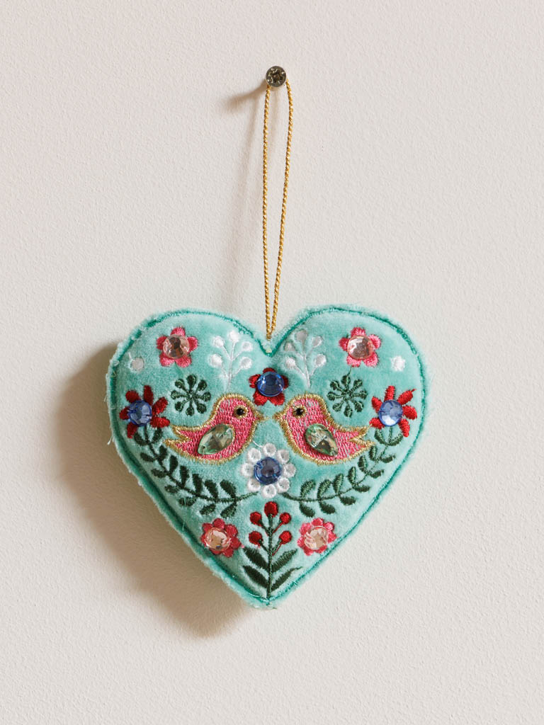 Hanging turquoise bohemian heart with birds - 1