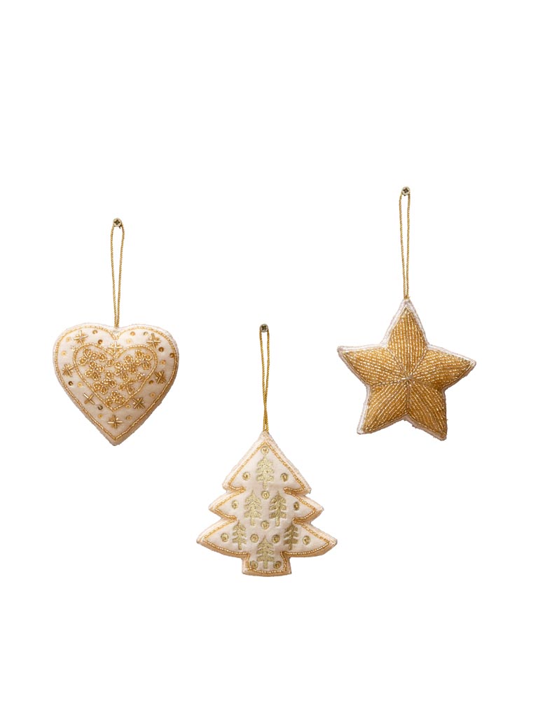 S/3 suspensions crème coeur étoile et sapin - 2