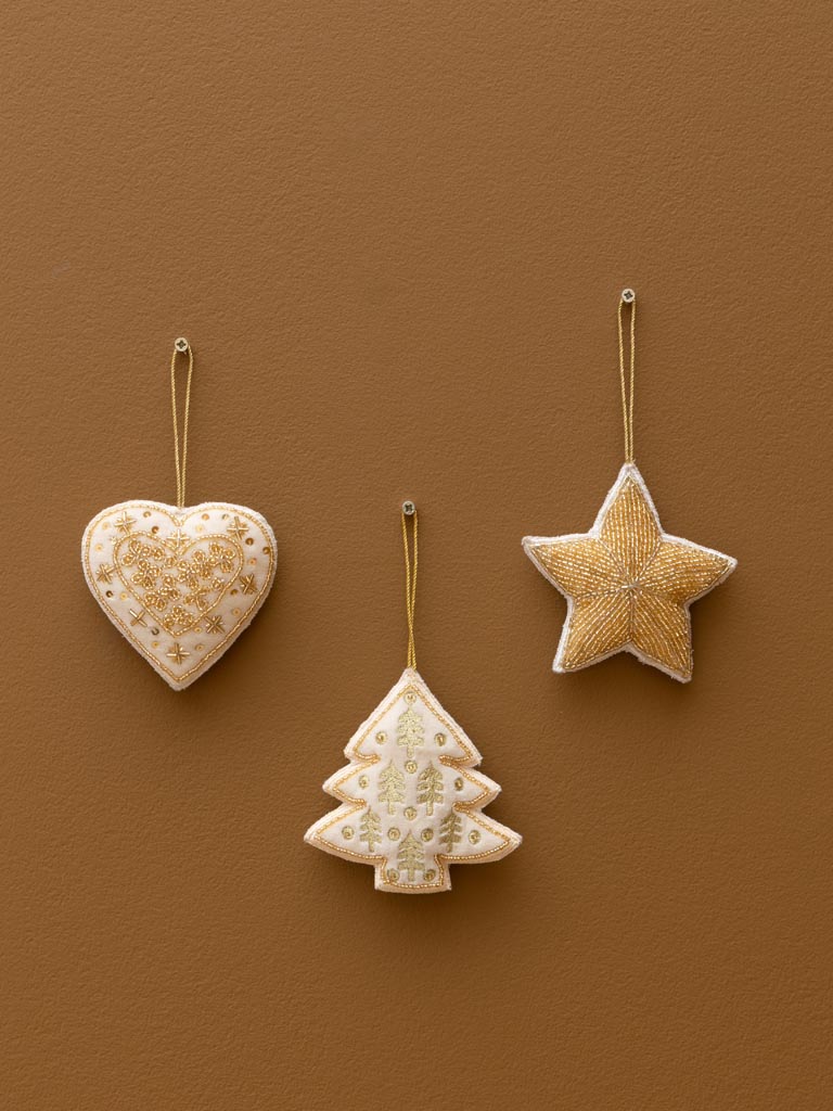 S/3 suspensions crème coeur étoile et sapin - 1