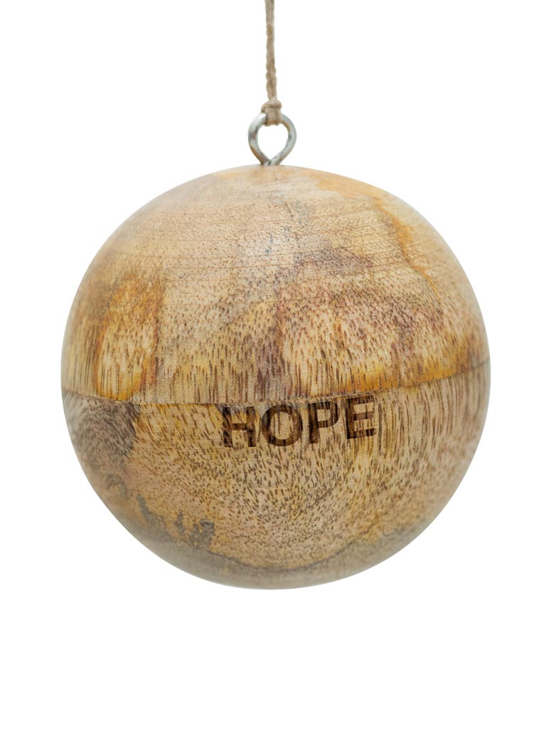Natural mango wood Hope/espoir xmas ball - 3