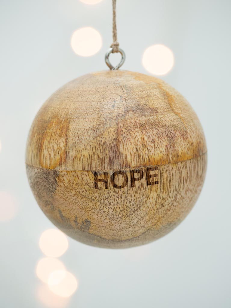 Natural mango wood Hope/espoir xmas ball - 1