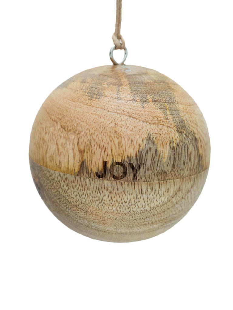 Natural mango wood Joy/Joie xmas ball - 2