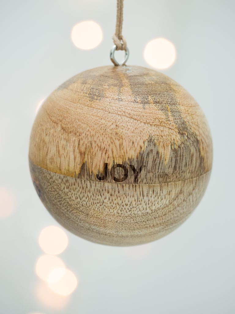 Natural mango wood Joy/Joie xmas ball - 1