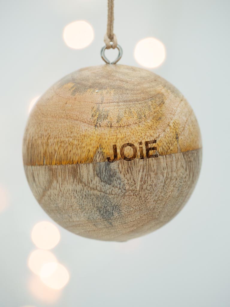 Natural mango wood Joy/Joie xmas ball - 3