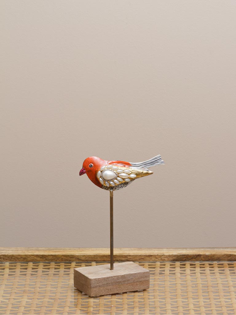 Blue side orange side beaded bird on stand - 1