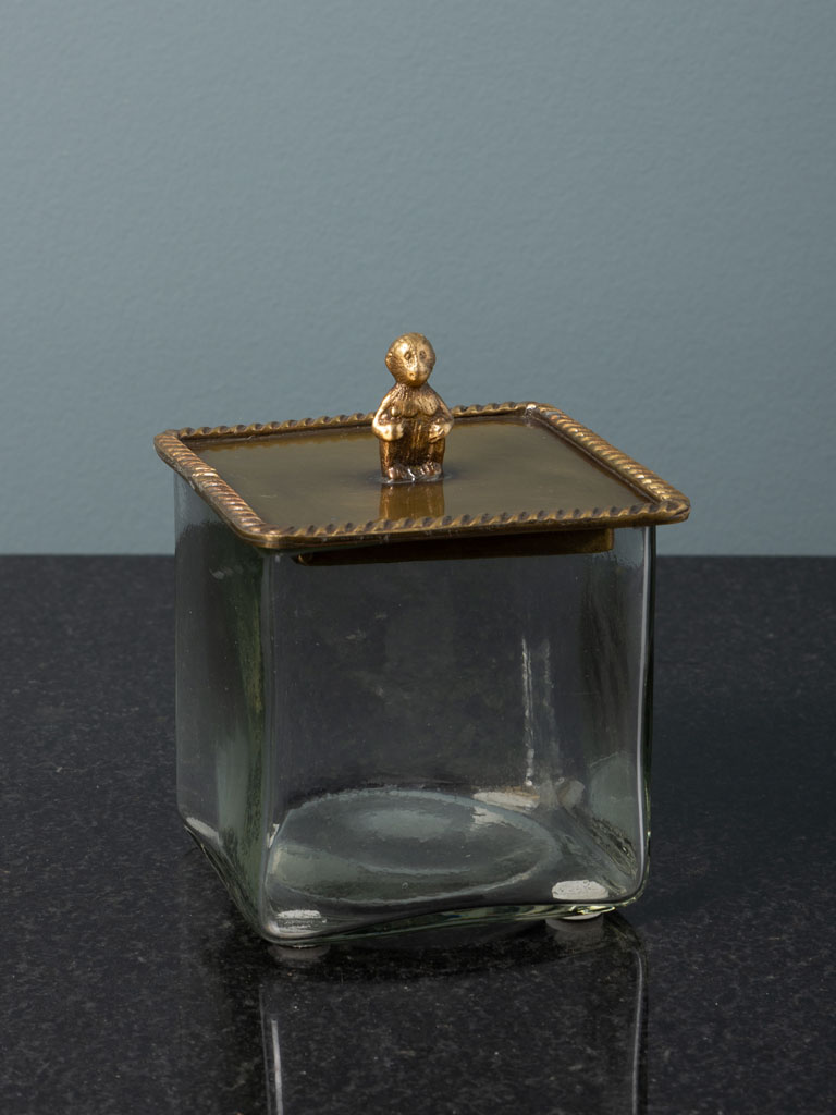 Square glass box with brass monkey lid - 1