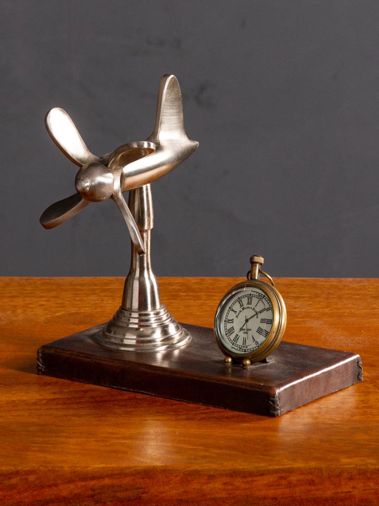 Desk clock with propeller on leather stand - 1