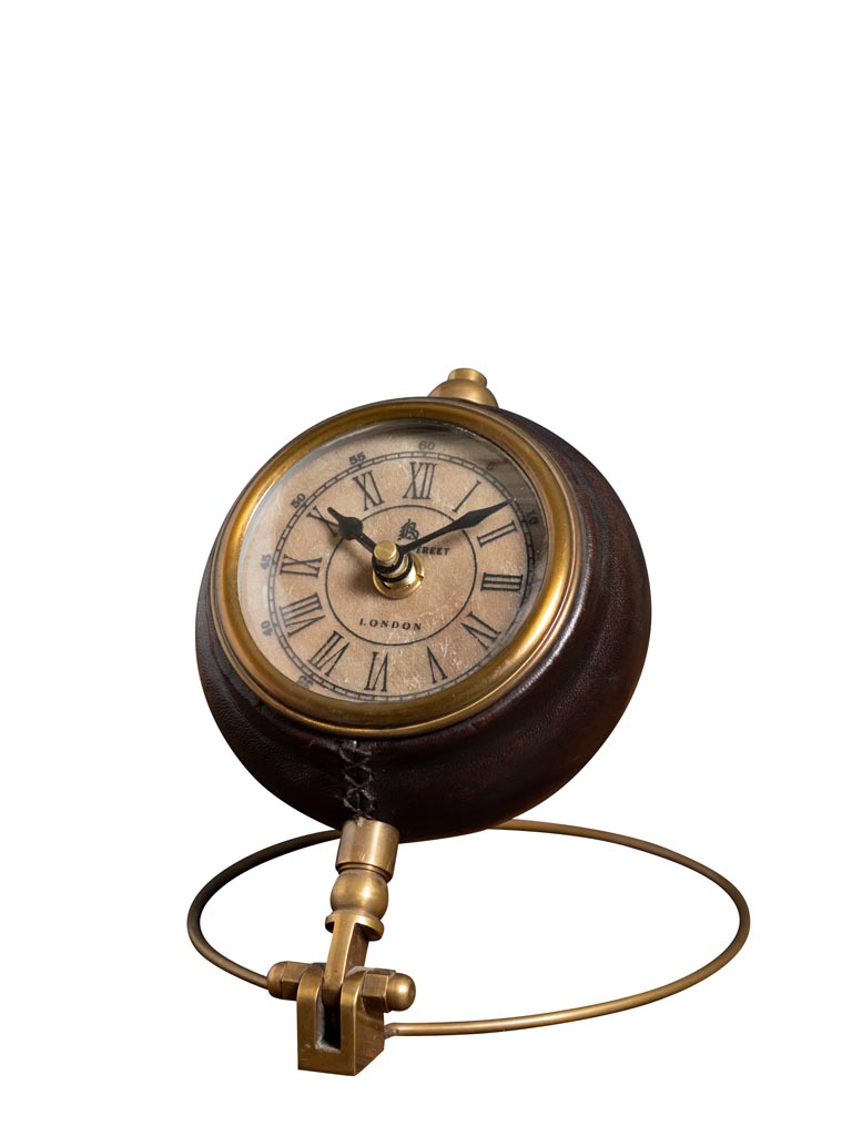 Round leather clock on brass stand - 2