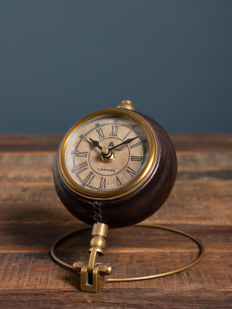 Round leather clock on brass stand - 1