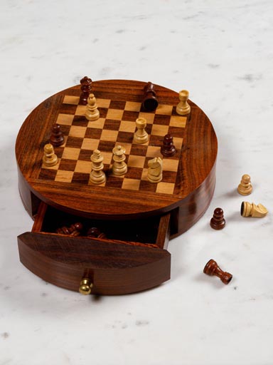 Jeu d'échec boîte ronde bois