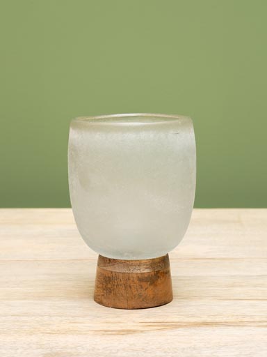 Sandy glass candle holder with wooden base L