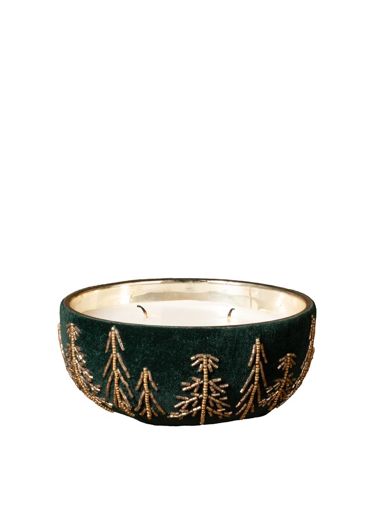 Bougie dans bol bas velours et sapins perlés - 2