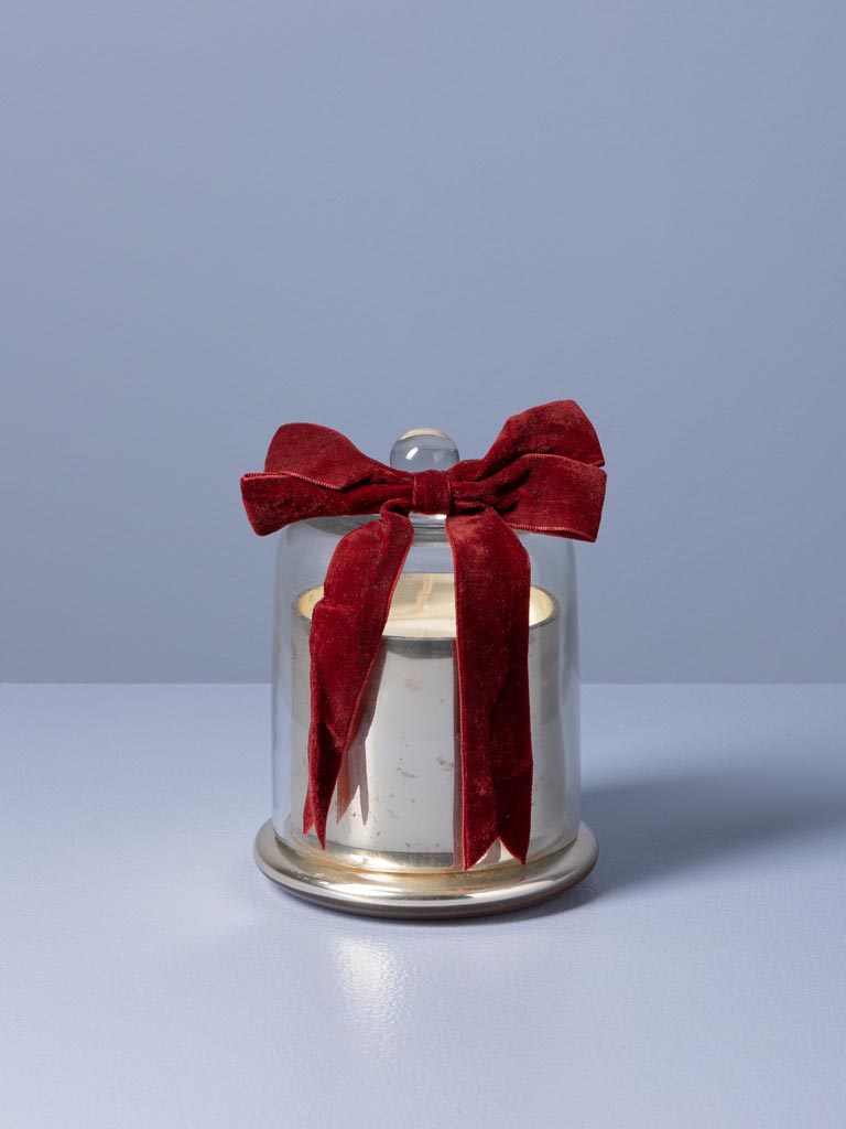 Petite bougie dans cloche en verre et noeud velour - 1