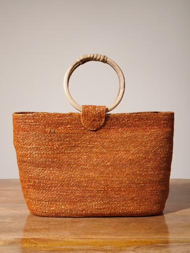 Orange hand bag with wooden handles