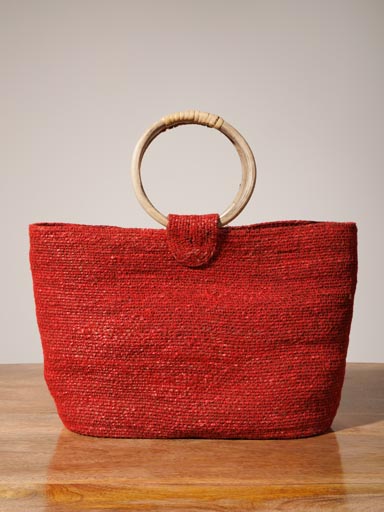 Red hand bag with wooden handles