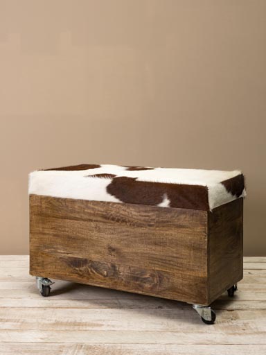 Stool with cow hide & storage on wheels
