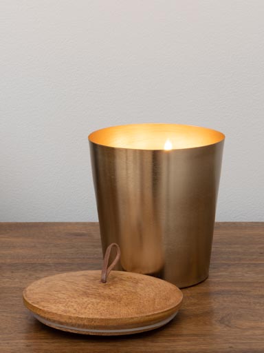 Soy wax candle in brass pot with wooden lid