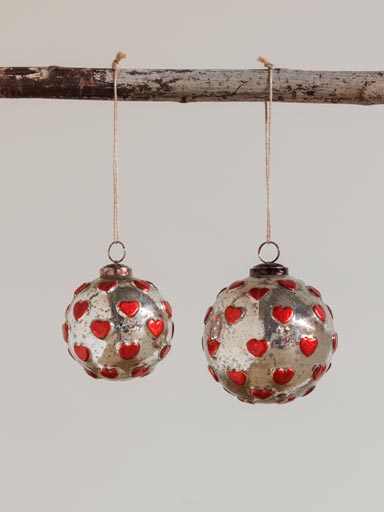 S/2 mercury glass Xmas ball red hearts