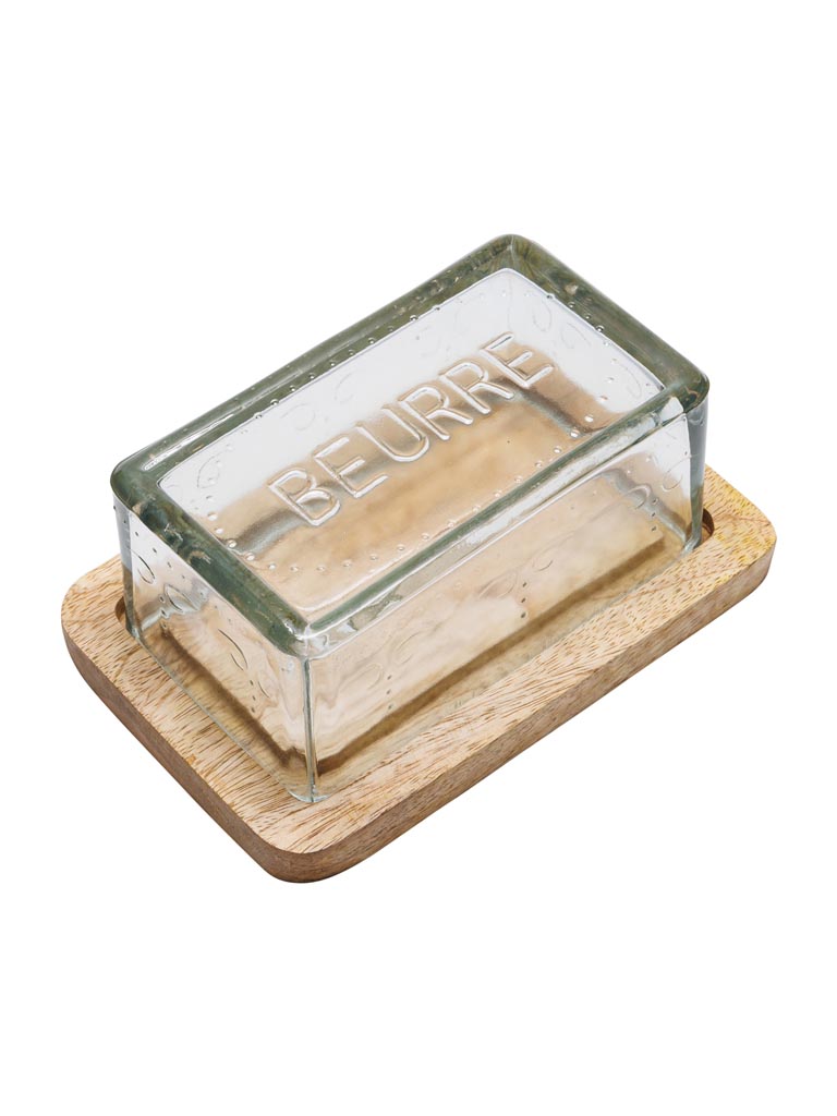 Glass butter dish on wood base 