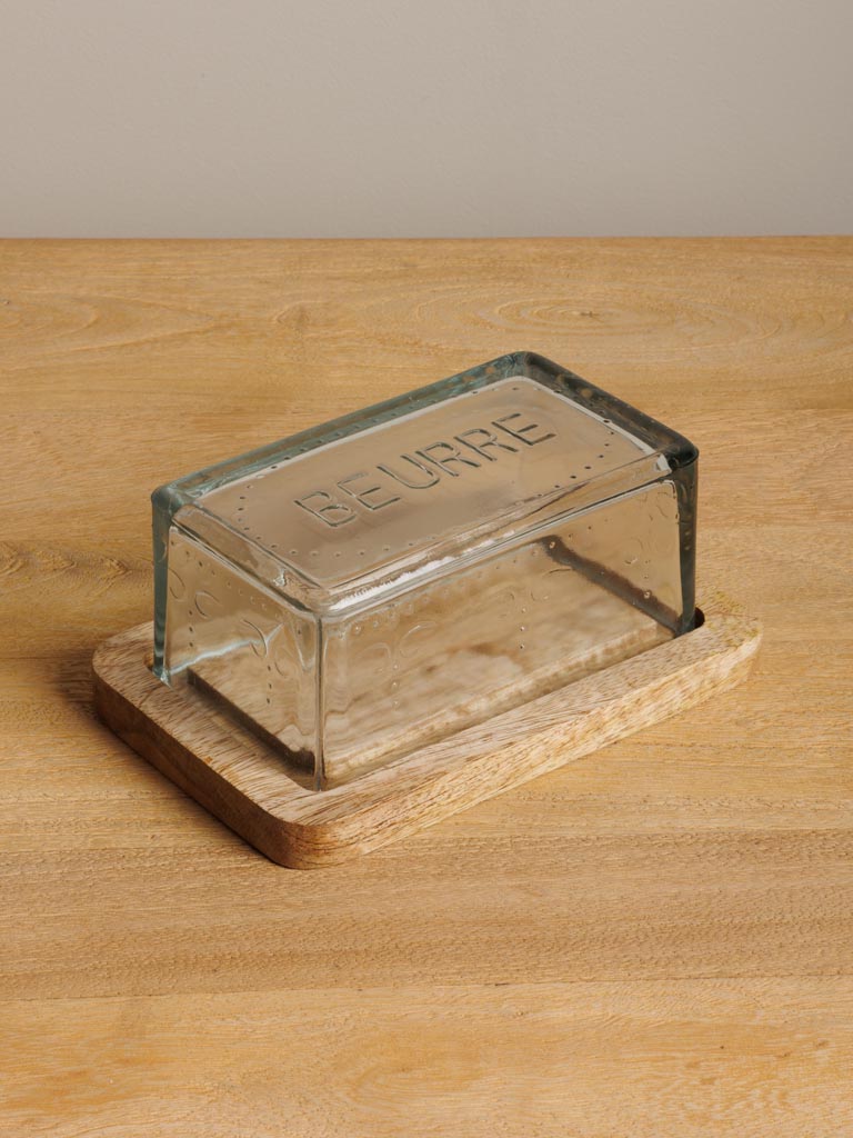 Glass butter dish on wood base 