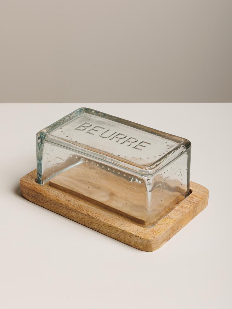 Glass butter dish on wood base 
