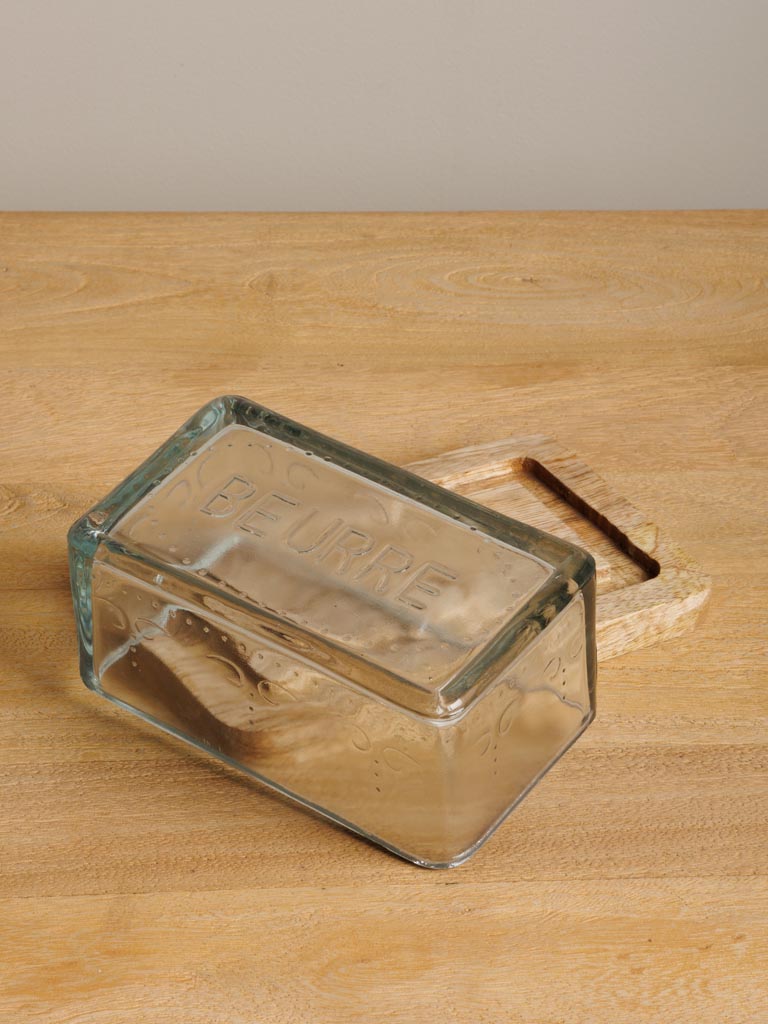 Glass butter dish on wood base 