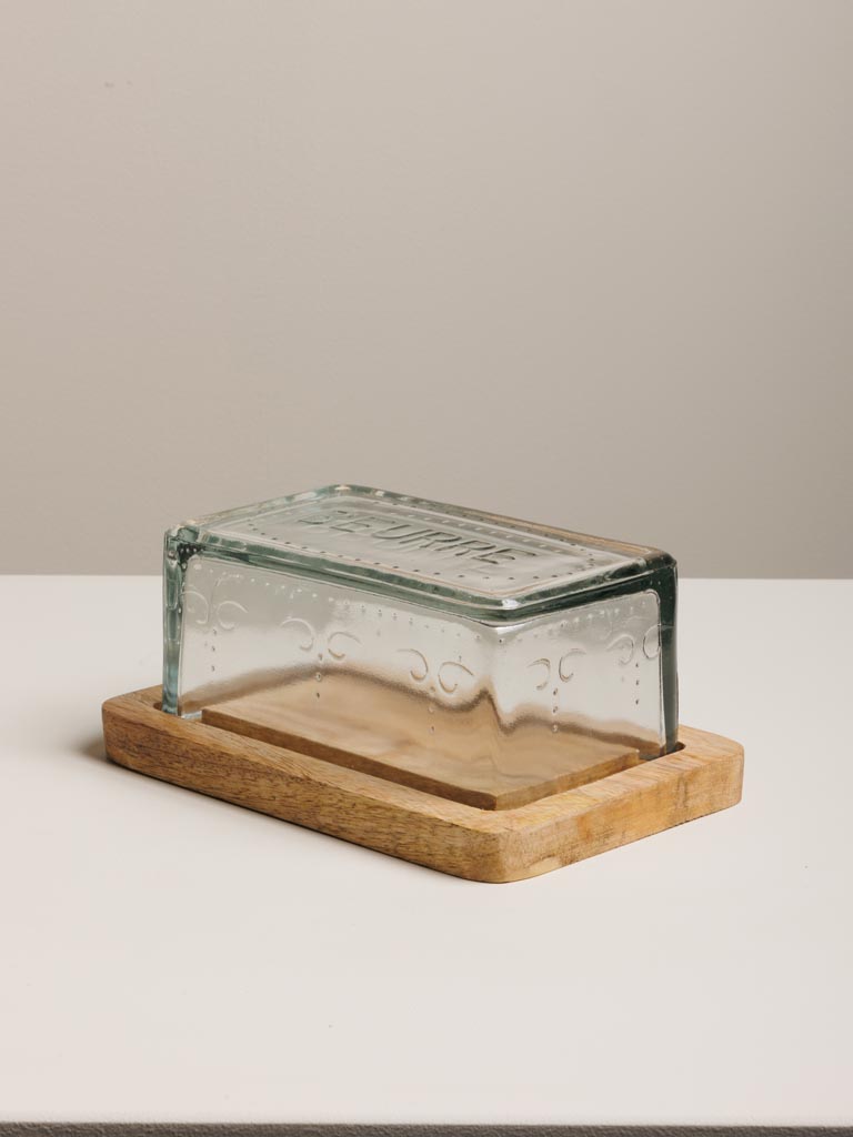 Glass butter dish on wood base 