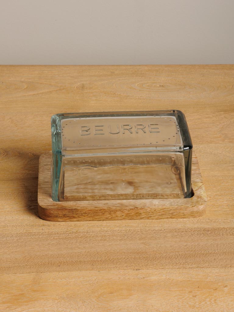 Glass butter dish on wood base 