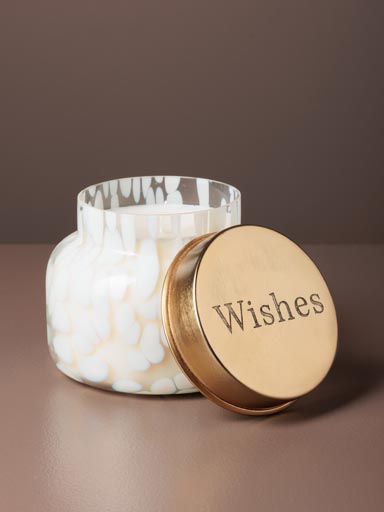 White glass candle with engraved lid Wishes