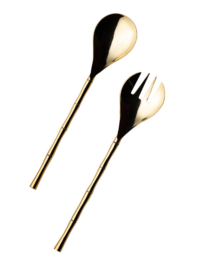 S/2 bamboo design salad server steel and brass - 2
