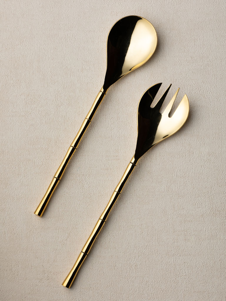 S/2 bamboo design salad server steel and brass - 1