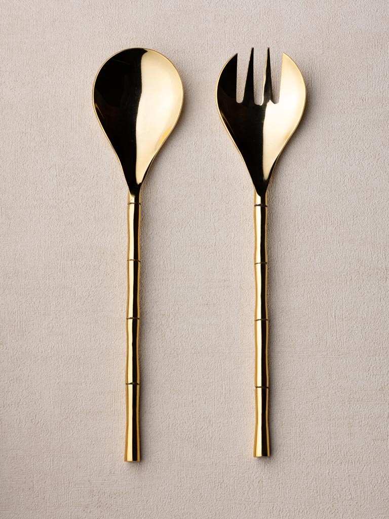S/2 bamboo design salad server steel and brass - 3