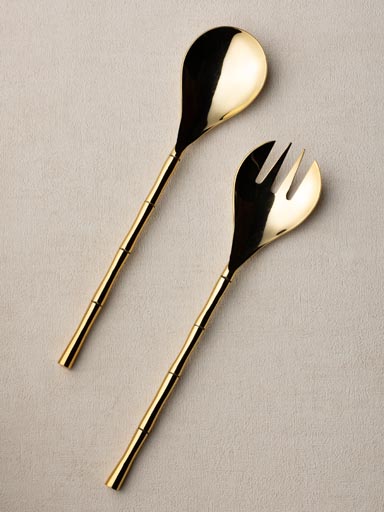 S/2 bamboo design salad server steel and brass