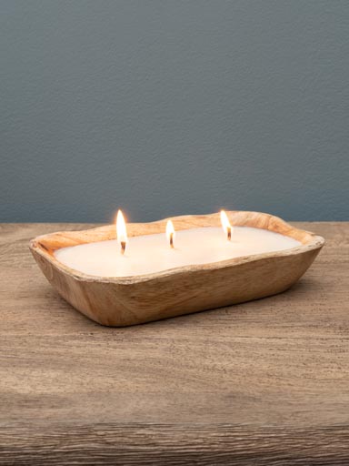 Soy wax candle in organic wooden pot