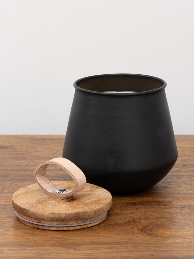 Candle in black pot with wood and leather lid - 3