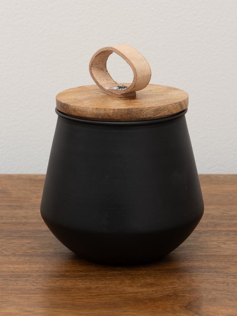 Candle in black pot with wood and leather lid - 5