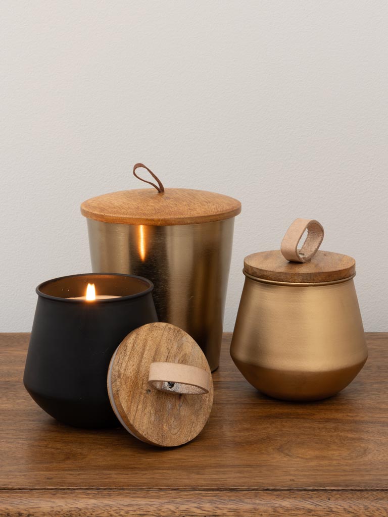 Candle in black pot with wood and leather lid - 6