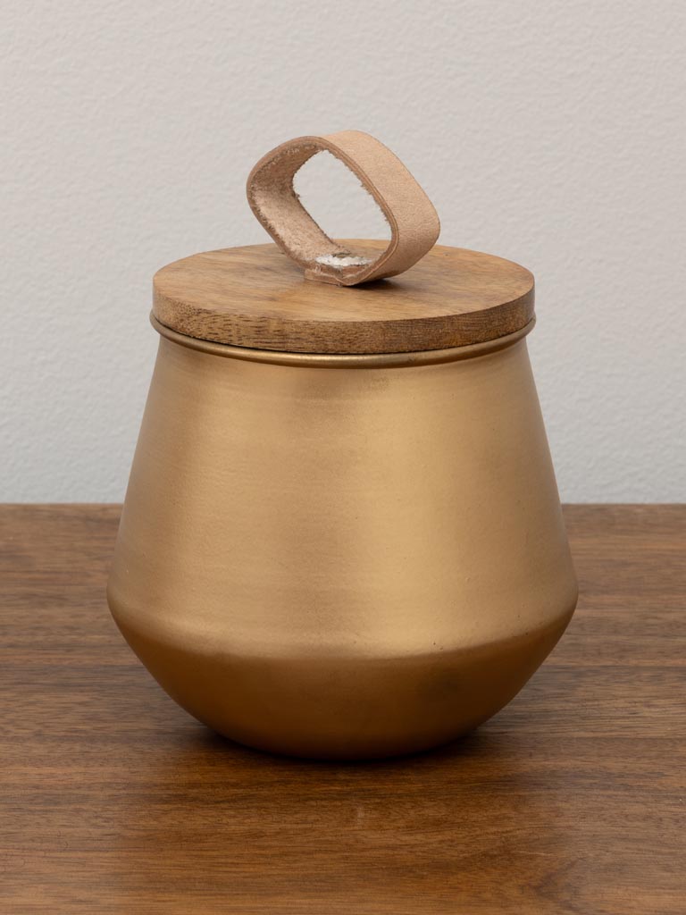 Candle in gold pot with wood and leather lid - 3