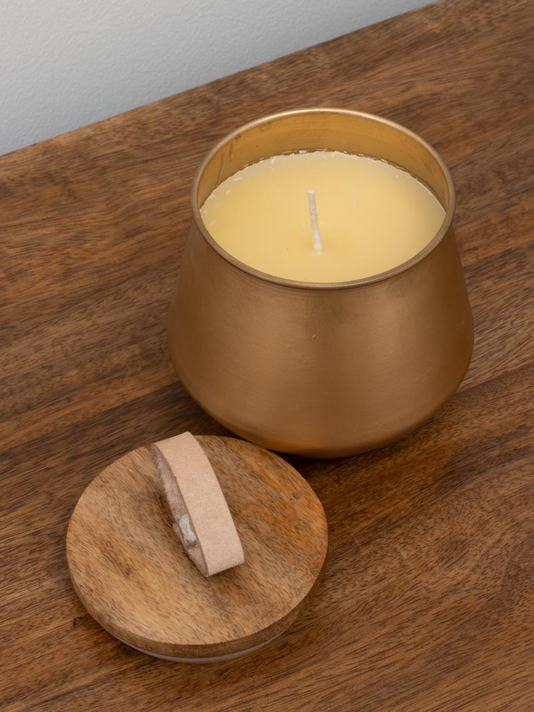 Candle in gold pot with wood and leather lid - 5